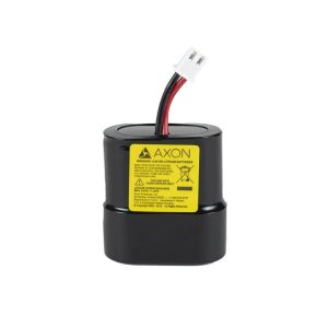 A black Axon lithium battery with a yellow warning label and attached wires.