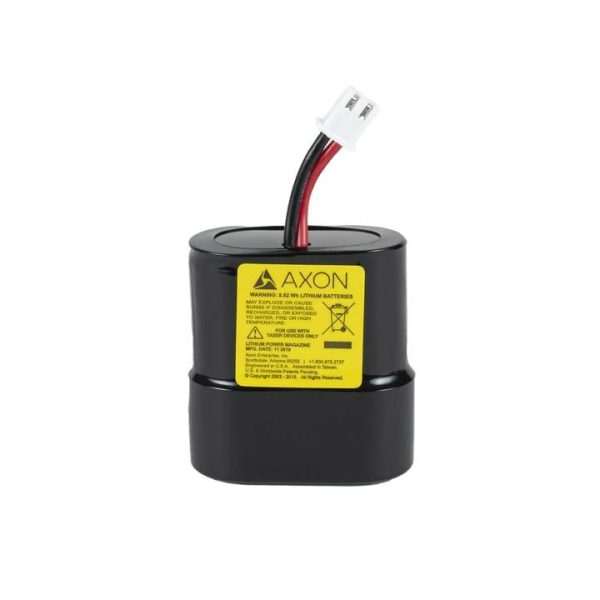 A black axon lithium battery with a yellow warning label and attached wires.