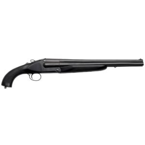 A black double-barrel shotgun on a white background.