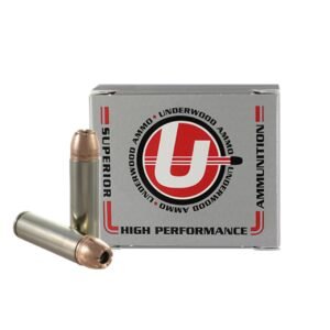 Box of underwood ammo with brass-colored bullets, featuring a red and black logo on a gray background.