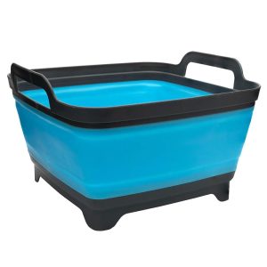 A blue plastic tub with black handles and black trim on the top.