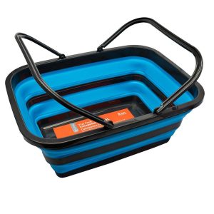 Collapsible blue and black basket with black handles, labeled SOL Flat Pack.