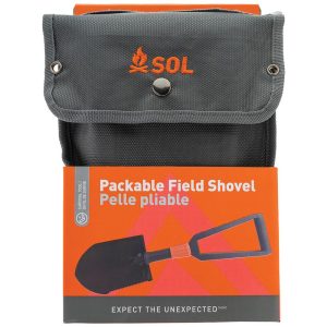 Gray SOL packable field shovel with orange branding, enclosed in an orange box.