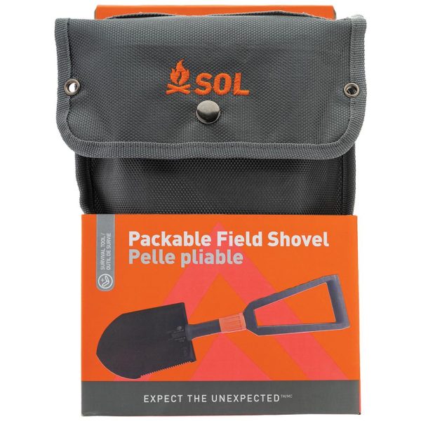 Gray sol packable field shovel with orange branding, enclosed in an orange box.