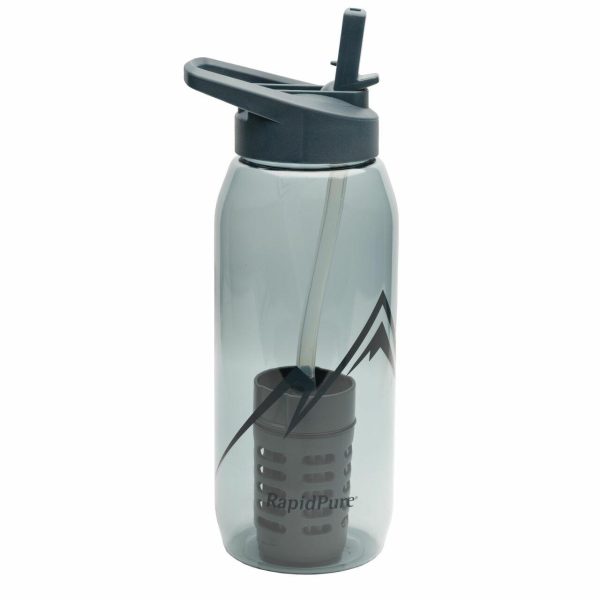 A gray water bottle with a dark gray flip-top lid and integrated straw, featuring a black mountain design and "rapidpure" logo.