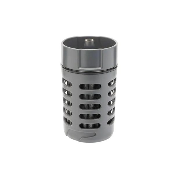 Gray firearm accessory with vertical slotted design and cylindrical shape.