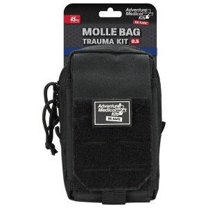 Black Adventure Medical Kits MOLLE bag trauma kit with velcro patch and zipper, featuring 45 pieces, suitable for firearms and ammo storage in Casey, Iowa.