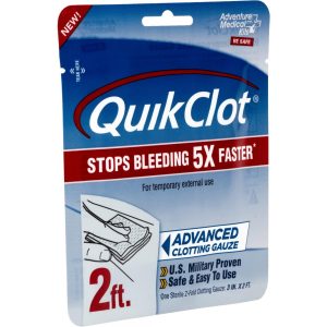 Packaging of QuikClot Advanced Clotting Gauze with blue and red design, highlighting its effectiveness in stopping bleeding.
