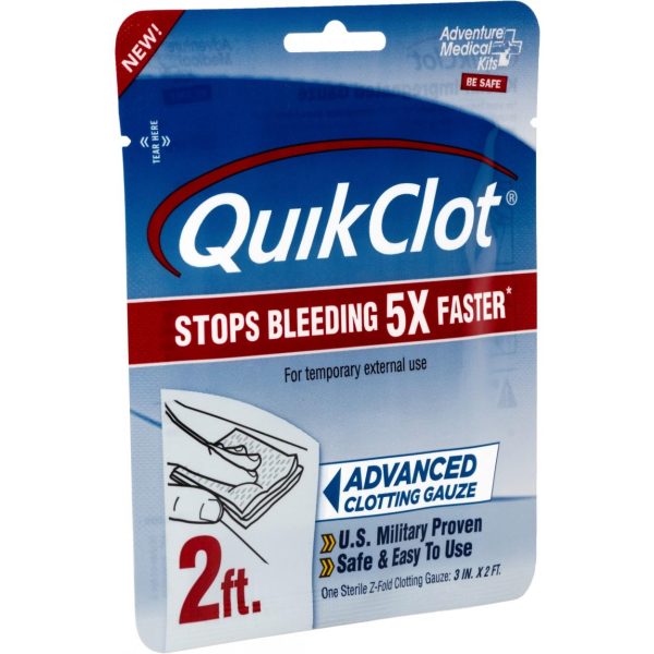 Packaging of quikclot advanced clotting gauze with blue and red design, highlighting its effectiveness in stopping bleeding.