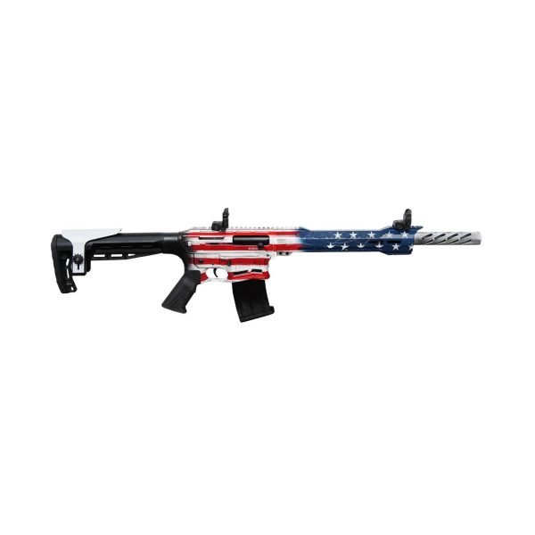 Red, white, and blue american flag-themed rifle with black stock and grip, featuring white stars on the barrel.