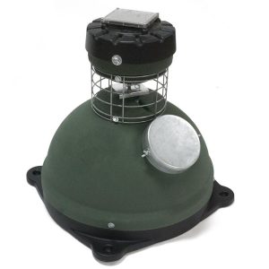 Green and black outdoor feeder with a metal cage, suitable for securing ammunition, firearms, and supplies in Casey, Iowa.