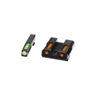 Black firearm sights featuring a front sight with a bright green insert and a rear sight with dual orange inserts.