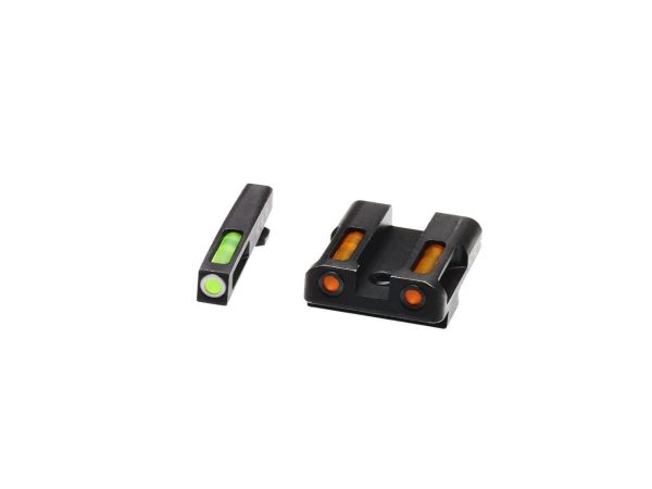 Black firearm sights featuring a front sight with a bright green insert and a rear sight with dual orange inserts.