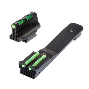 Black firearm iron sights with bright green fiber optic inserts, suitable for precision aiming, isolated on a white background.