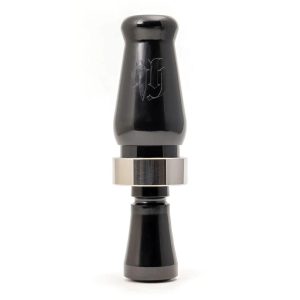 Black compact firearm accessory with a silver metallic ring, featuring an engraved logo, cylindrical shape.