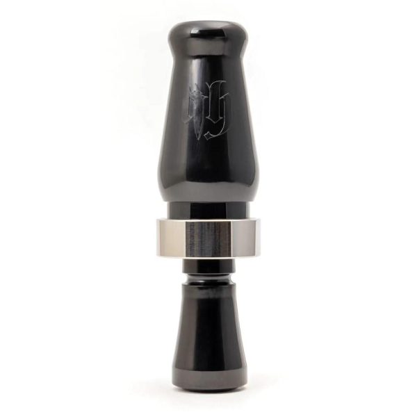 Black compact firearm accessory with a silver metallic ring, featuring an engraved logo, cylindrical shape.