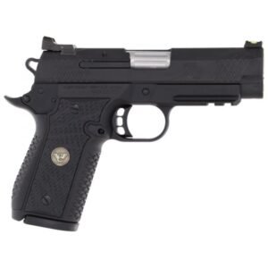 Black semi-automatic pistol with textured grip and silver details on the trigger guard.