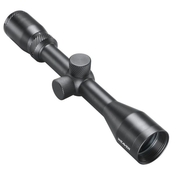 A black weaver rifle scope with textured adjustment knobs and a sleek, matte finish.