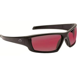Black sports sunglasses with dark red lenses.