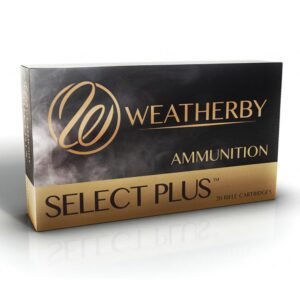 Box of weatherby select plus ammunition with black and gold packaging, labeled for 20 rifle cartridges.