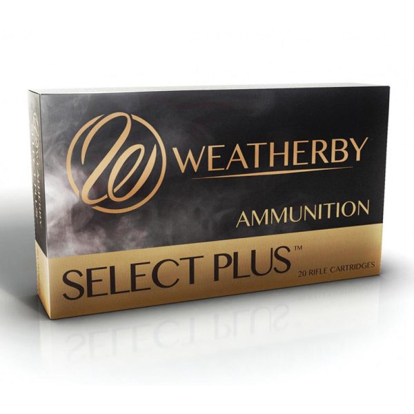 Box of weatherby select plus ammunition with black and gold packaging, labeled for 20 rifle cartridges.