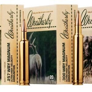 Weatherby ammunition boxes in beige, featuring images of a deer, a buffalo, and a cartridge against a dark green and brown background.