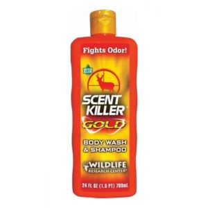 Bright orange Scent Killer Gold Body Wash and Shampoo bottle with yellow cap, featuring a deer silhouette logo.