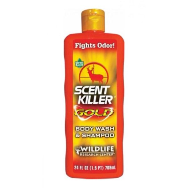 Bright orange scent killer gold body wash and shampoo bottle with yellow cap, featuring a deer silhouette logo.