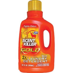 Bright orange bottle of Scent Killer Gold 2x laundry detergent with a yellow cap, featuring an image of deer and text stating "Fights Odors."