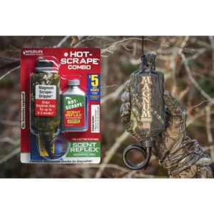 Camouflage-patterned Magnum Scrape-Dripper packaging held in hand, with a red and green "Hot-Scrape Combo" label, featuring Scent Reflex technology.