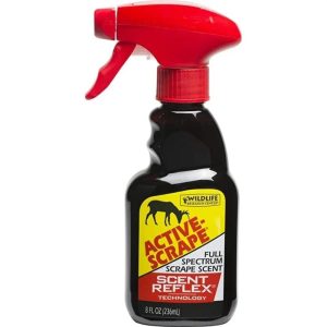 Black bottle of Wildlife Research Center Active-Scrape scent with red spray nozzle and yellow label, featuring a deer silhouette, 8 FL OZ (236ml) size.