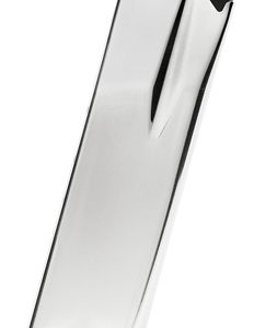 Silver gun magazine with a black base plate.