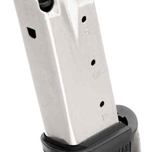 Stainless steel pistol magazine with black base, marked with measurement indicators.