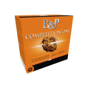 Orange box of b&p competition one ammunition with silver text and an image of a clay target breaking.