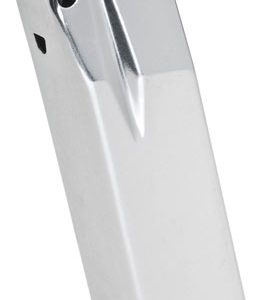 A silver gun magazine with a black base plate.