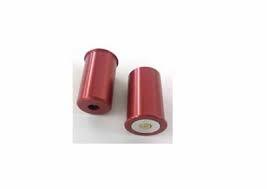 Red cylindrical ammo cartridges, white base, isolated on white background.