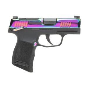 Black handgun with a multicolored metallic slide, featuring iridescent shades of purple, blue, and green.