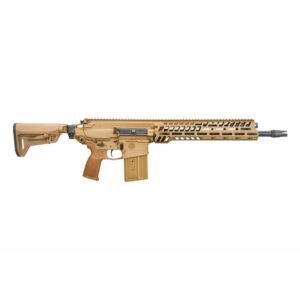 Tan semi-automatic rifle with a tactical handguard featuring black accents, adjustable stock, and short barrel, showcasing modern firearm design.