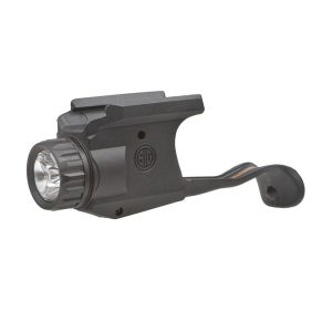 A black firearm accessory with a tactical light attachment on a white background.