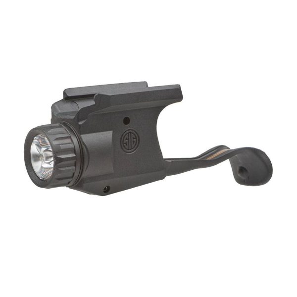 A black firearm accessory with a tactical light attachment on a white background.