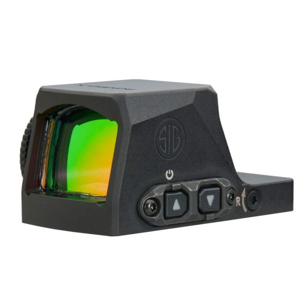 Black sig sauer red dot sight with multicolored lens and control buttons.