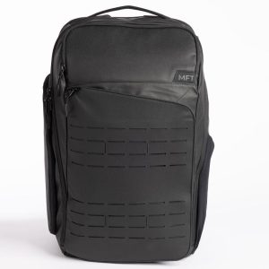 Dark gray tactical backpack with black detailing, featuring a patch with "MFT" branding on the front.