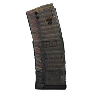 Translucent black rifle magazine showing copper-colored ammunition inside, designed with ridged texture on the surface.