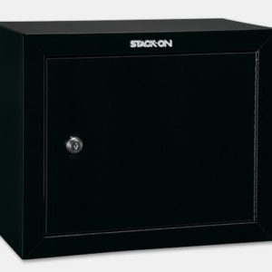 Black Stack-On gun safe with a silver lock on the front.