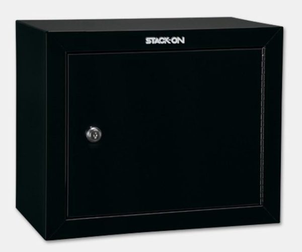Black stack-on gun safe with a silver lock on the front.
