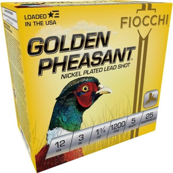 Fiocchi golden pheasant ammo box, yellow with colorful pheasant illustration and text "nickel plated lead shot," 12 gauge, made in the usa, 25 shotshells.