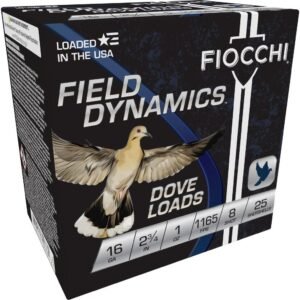 Box of fiocchi field dynamics dove loads, featuring a dove image on black background with blue accents, labeled with specifications: 16 ga, 2 3/4 in, 1 oz, 1165 fps, 8 shot, 25 shotshells, "loaded in the usa. "