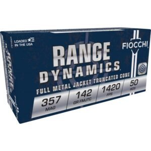 Fiocchi range dynamics ammo box labeled. 357 mag, 142 gr fmjtc, 1420 fps, 50 rds, in navy blue and white with firearm target design.