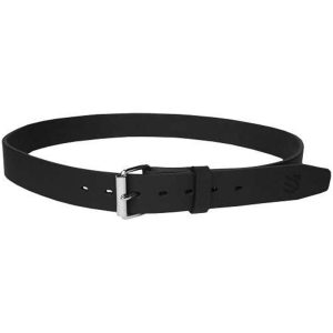 Black leather belt with silver buckle on a white background.