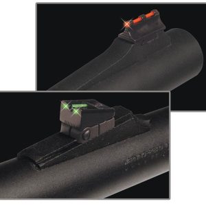 Close-up of black gun barrels featuring sights; top image with red fiber optic sight and bottom with green fiber optic sight.